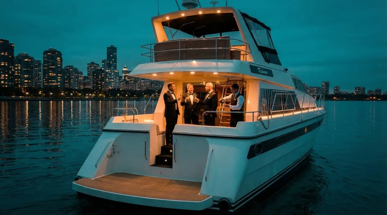 Luxury yacht interior lounge with comfortable cabin seating
